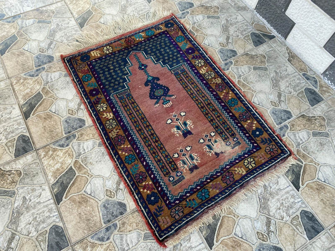 Vintage Turkish Oushak Rug, 2 x 3 ft Pink Handmade Wool Antique Tribal Small Rug