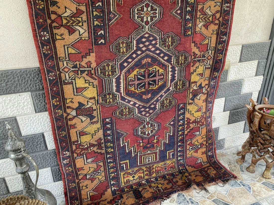 Vintage Turkish Anatolian Rug | 4 x 6.6 ft | Handknotted Geometric Wool Carpet