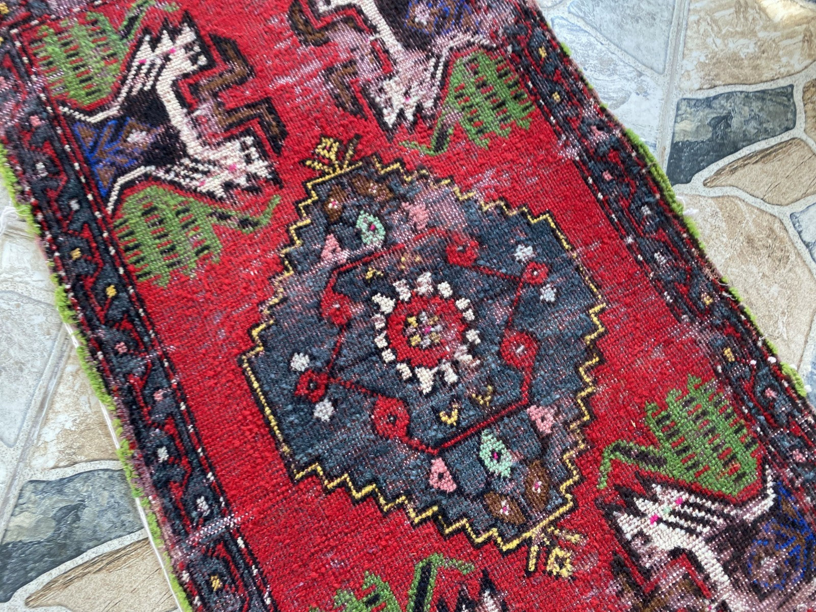 Vintage Turkish Small Rug | 1.6 x 3.3 ft Hand-Knotted Wool | Red Geometric Mat