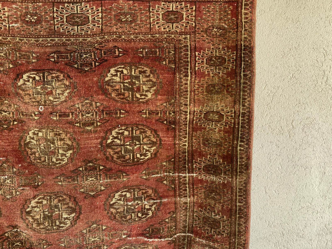 VINTAGE RUG HAND-KNOTTED Afghan Style BUKHARA handmade wool RED antique farmhouse rug