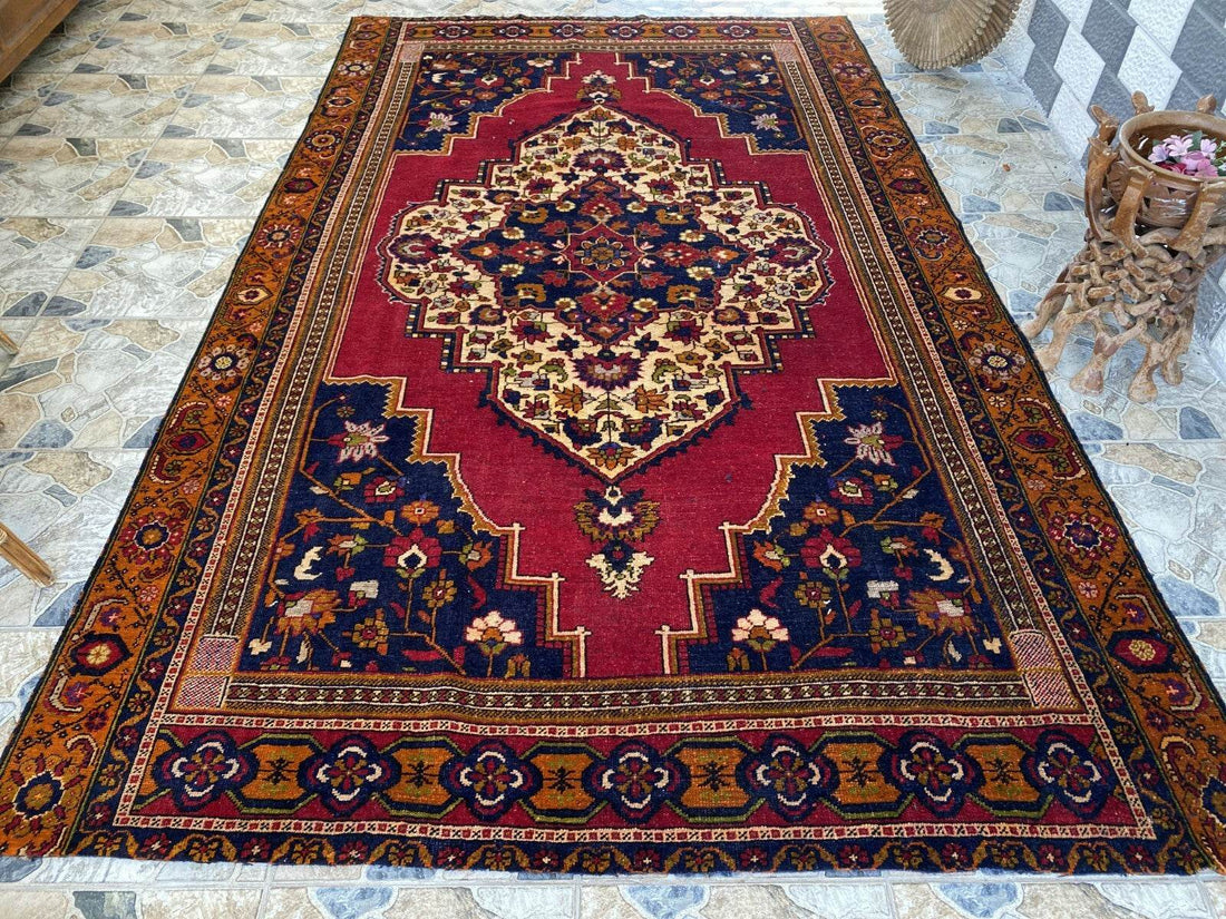 Handmade Turkish Vintage Rug 6x10 1970s Tribal Wool Farmhouse Antique Large Area