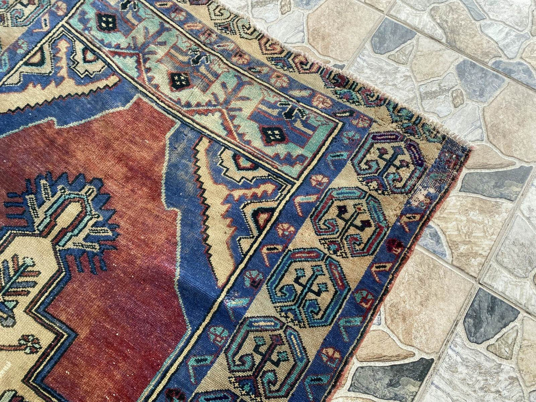 Pre 1950's Vintage Turkish Rug | Antique Tribal Handmade Wool Carpet 3.9x7.1 ft