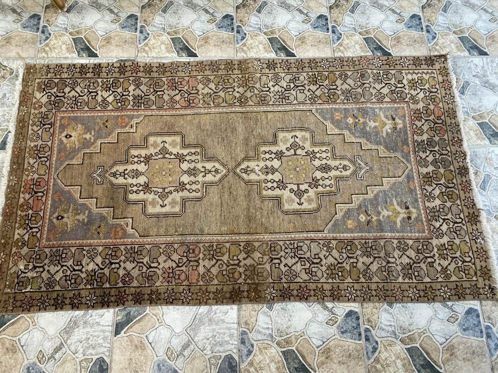 Vintage Turkish Wool Rug Hand-Knotted Antique Geometric Oushak Tribal Area 3x6
