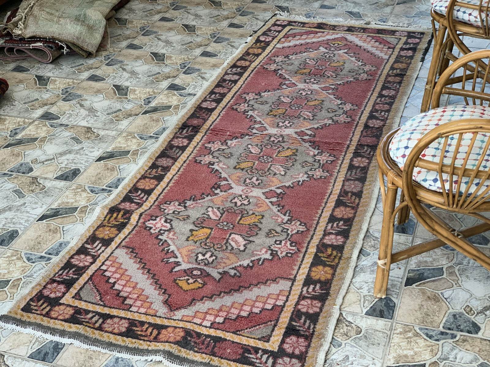 Vintage Turkish Rug | Tribal Handmade Wool Farmhouse Antique Carpet 3.2x 9.1 ft