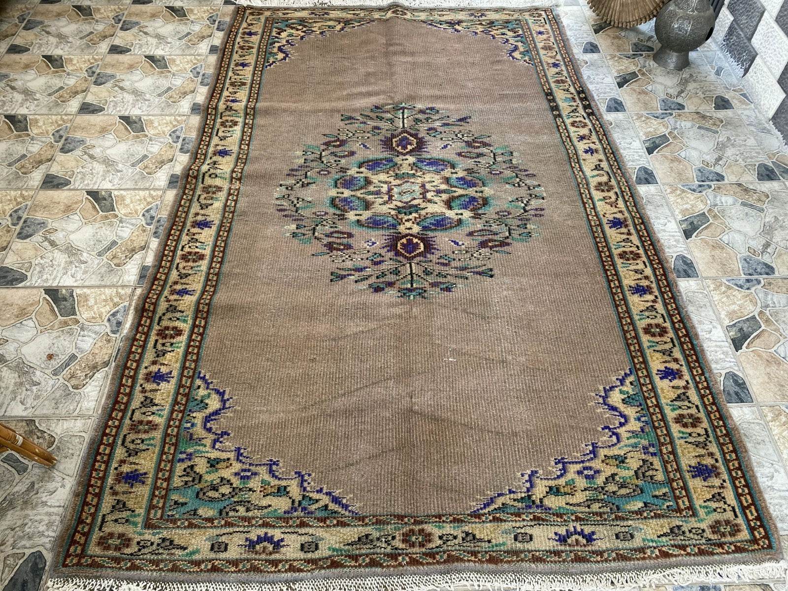 Vintage Turkish Rug | 5.4 x 8.7 ft Hand-Knotted Wool Faded Pastel Anatolian Rug