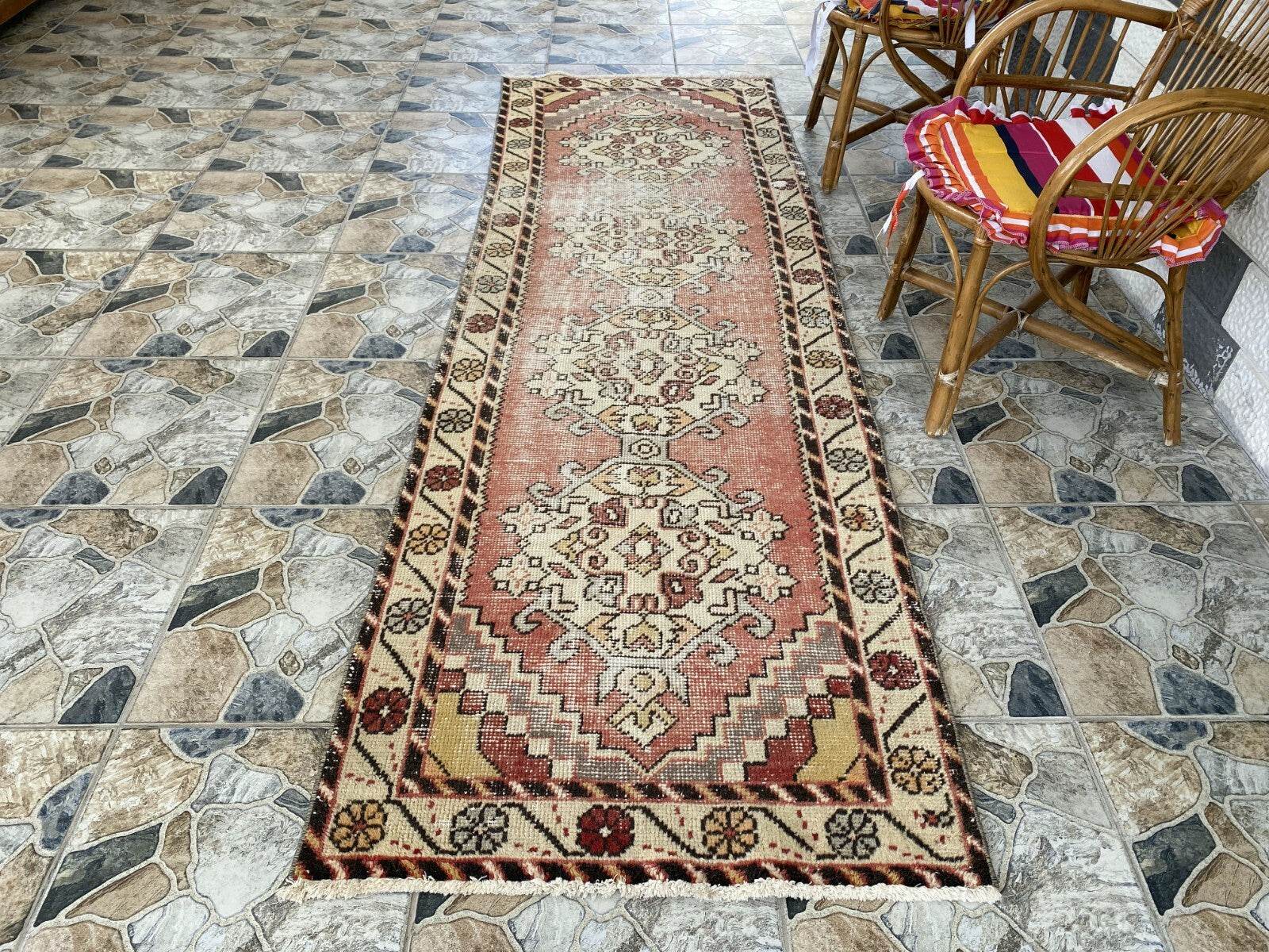 Vintage Turkish Wool Rug, Bohemian Geometric Farmhouse Handmade Runner Rug 3x9ft