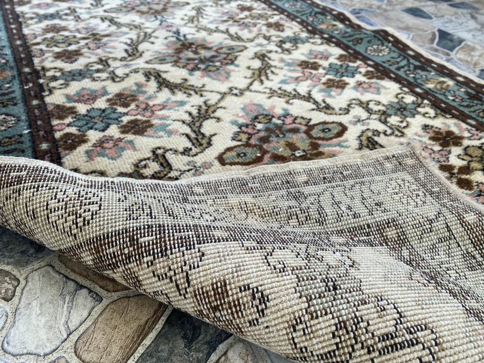 Vintage Anatolian Area Rug, 3.3x6.3 ft Hand-Knotted Wool Faded Rustic Geometric