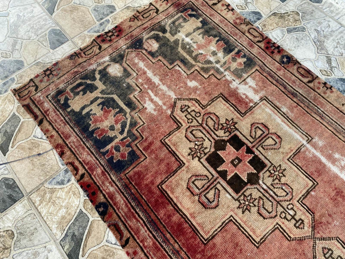 Vintage Anatolian Area Rug | 3.0x6.7 ft Hand-Knotted Wool Faded Rustic Geometric