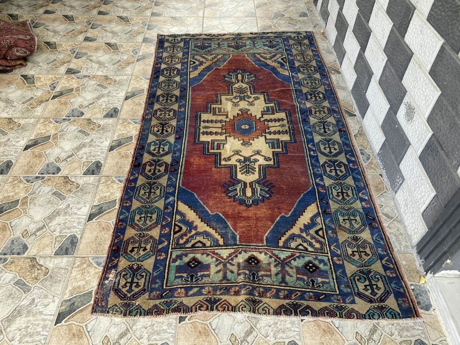 Pre 1950's Vintage Turkish Rug | Antique Tribal Handmade Wool Carpet 3.9x7.1 ft