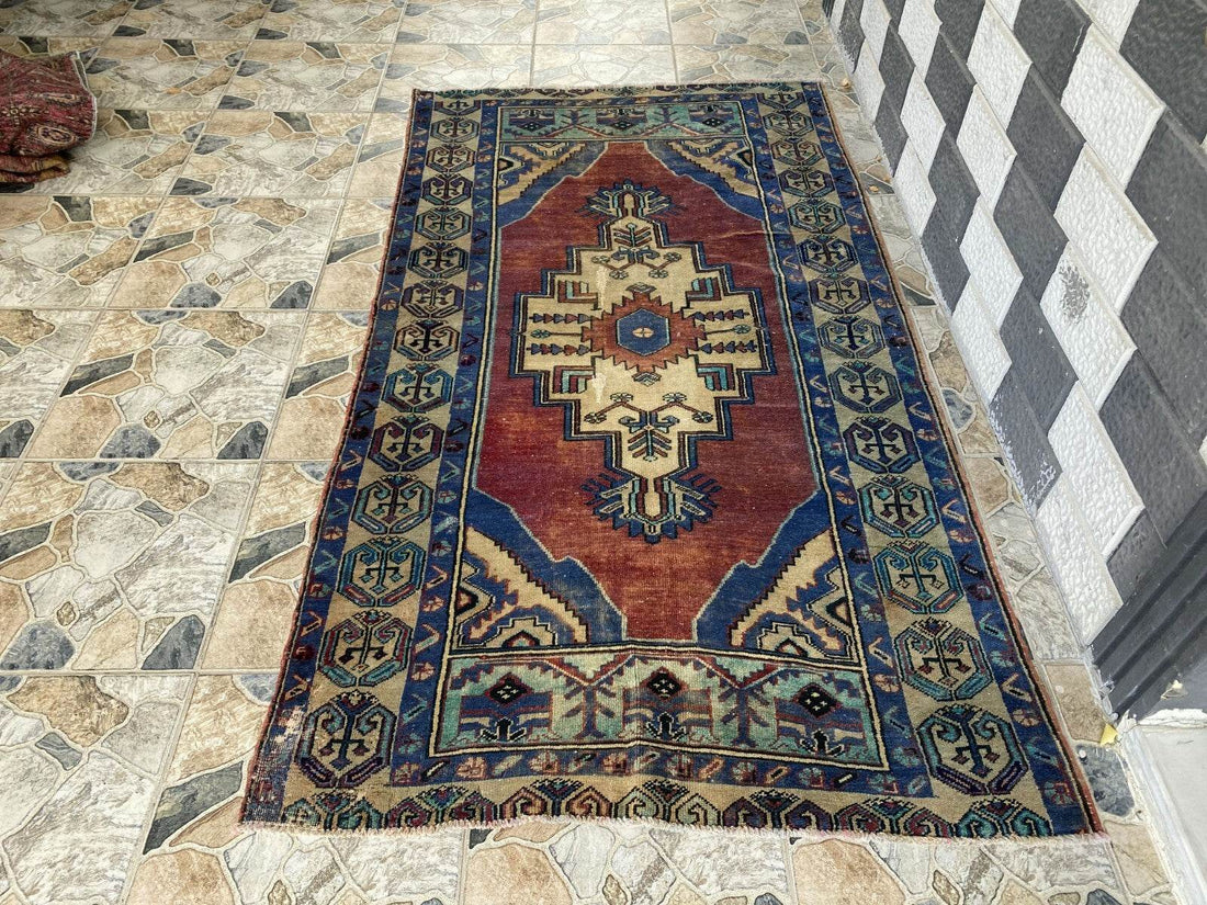 Pre 1950's Vintage Turkish Rug | Antique Tribal Handmade Wool Carpet 3.9x7.1 ft