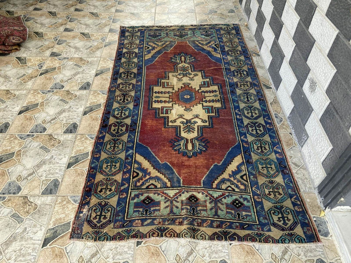 Pre 1950's Vintage Turkish Rug | Antique Tribal Handmade Wool Carpet 3.9x7.1 ft