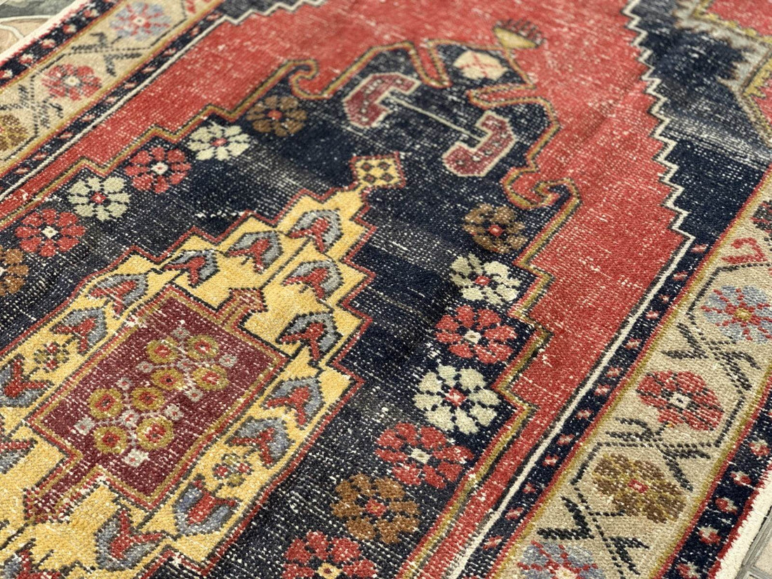 Vintage Oushak Geometric Rug, Handmade Turkish Anatolian Wool Carpet 4.2x8.6