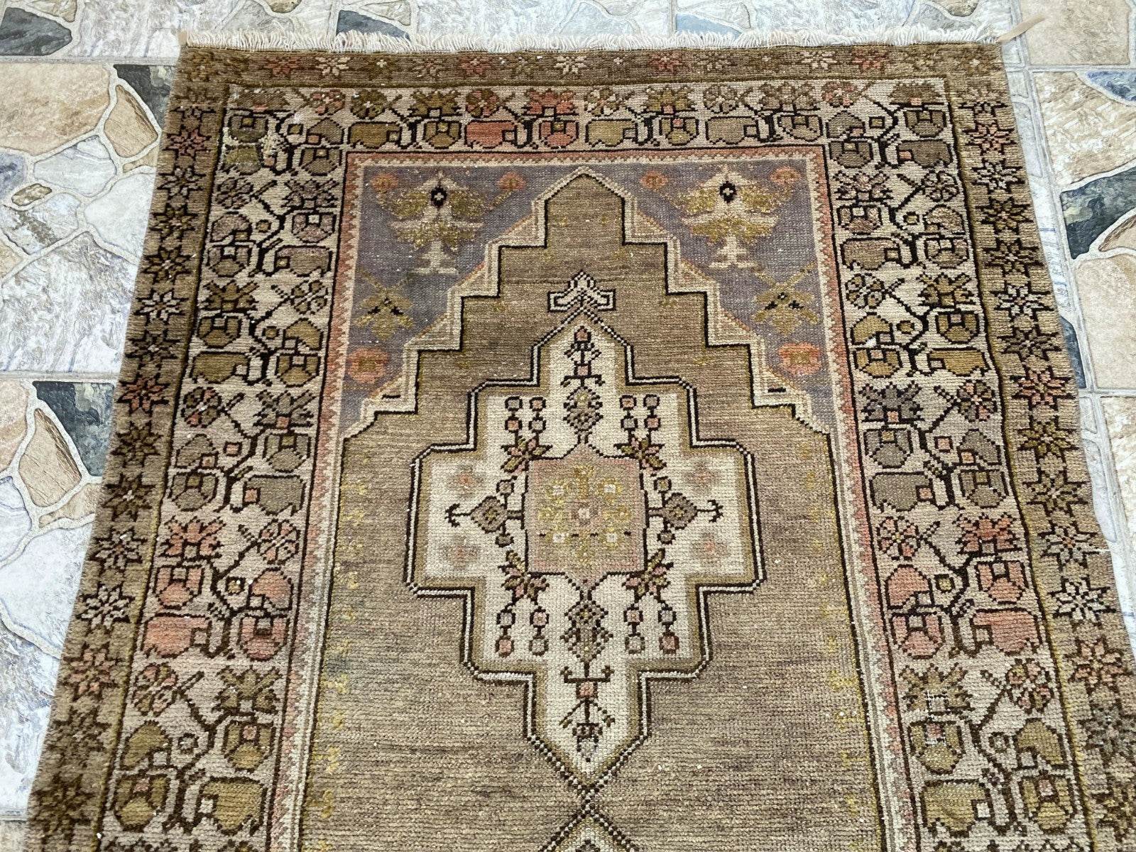 Vintage Turkish Wool Rug Hand-Knotted Antique Geometric Oushak Tribal Area 3x6