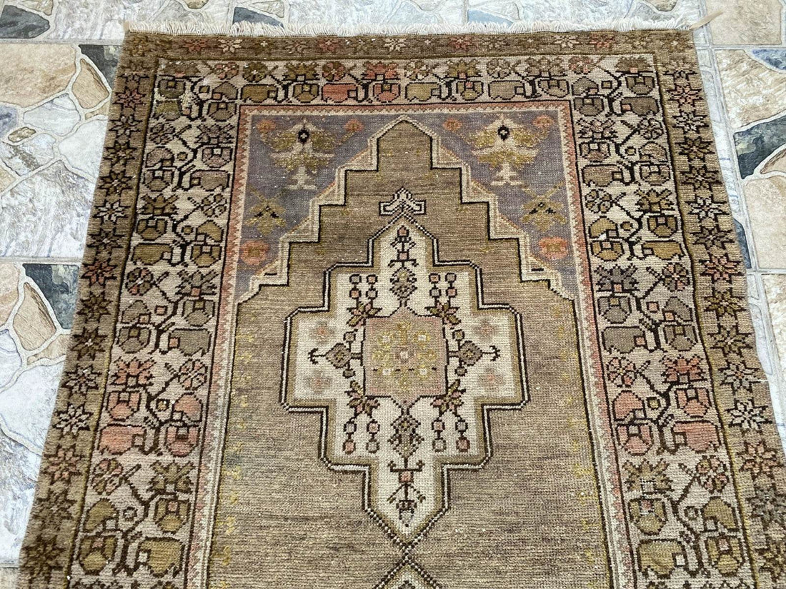 Vintage Turkish Wool Rug Hand-Knotted Antique Geometric Oushak Tribal Area 3x6