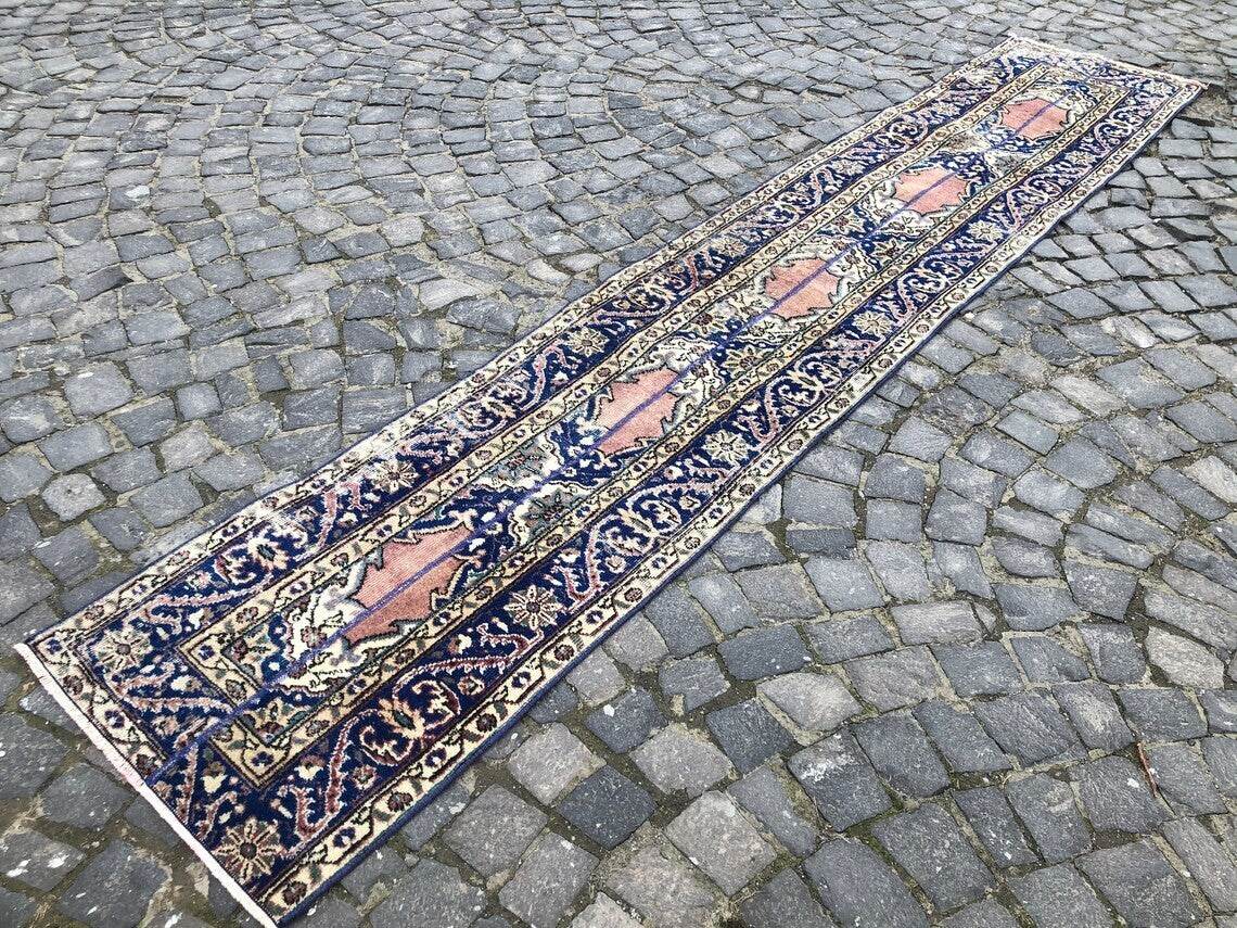 Vintage Turkish Oushak Rug | 3x11.7 ft| Antique Blue Wool Handmade Runner Carpet
