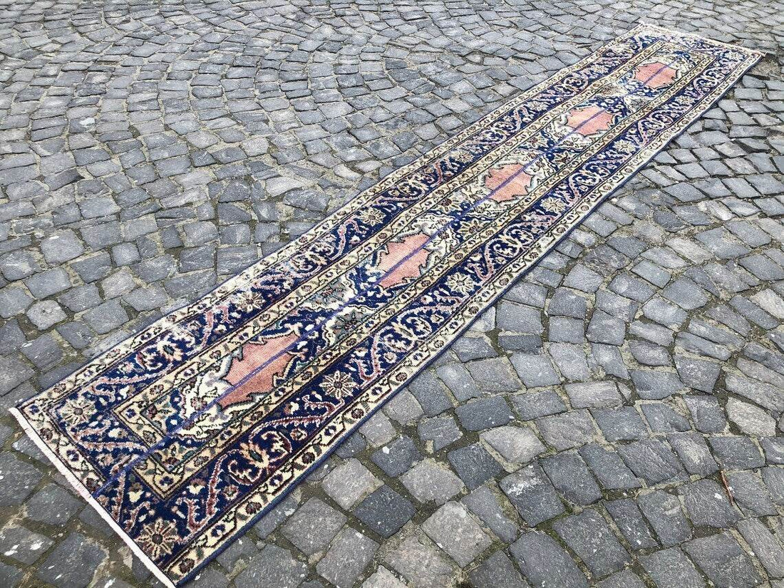 Vintage Turkish Oushak Rug | 3x11.7 ft| Antique Blue Wool Handmade Runner Carpet