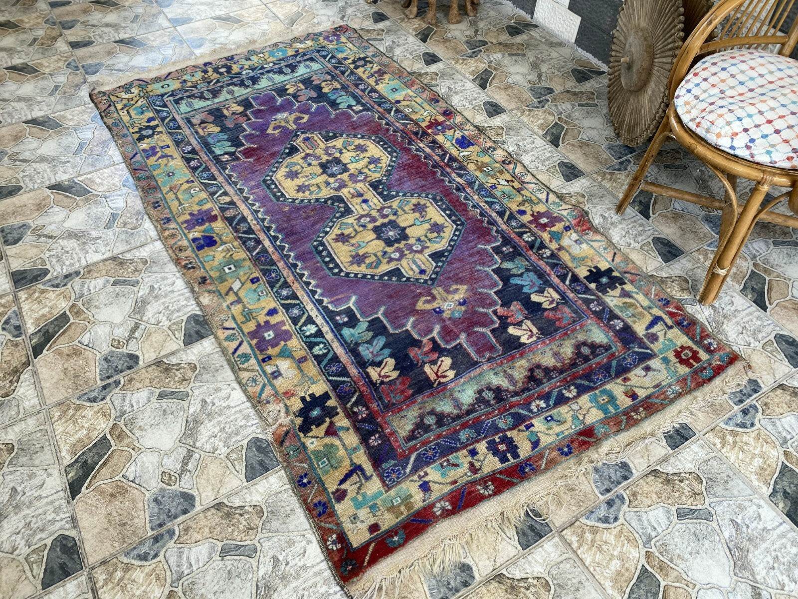 Vintage Turkish Anatolian Rug | 3.9 x 7.1 ft | Hand-Knotted Rug Wool Area Carpet