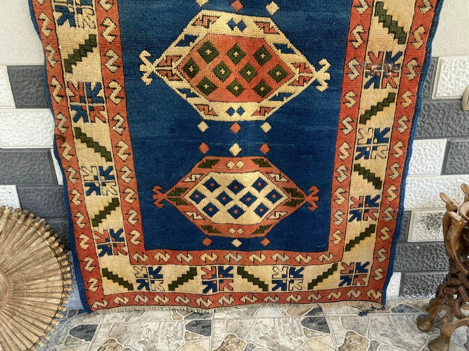 Vintage Turkish Kurdish Wool Rug | Hand-Knotted Tribal Blue Area Carpet 4x6ft