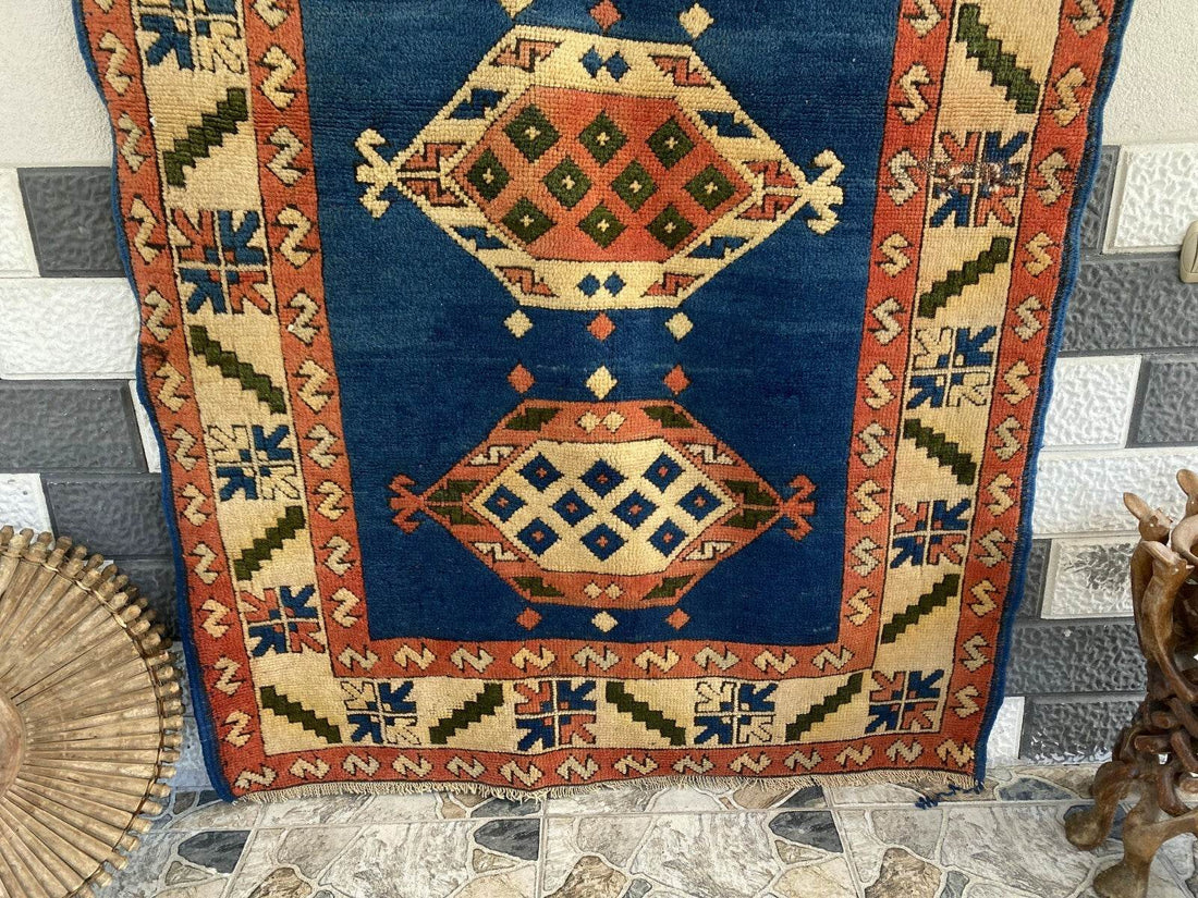 Vintage Turkish Kurdish Wool Rug | Hand-Knotted Tribal Blue Area Carpet 4x6ft