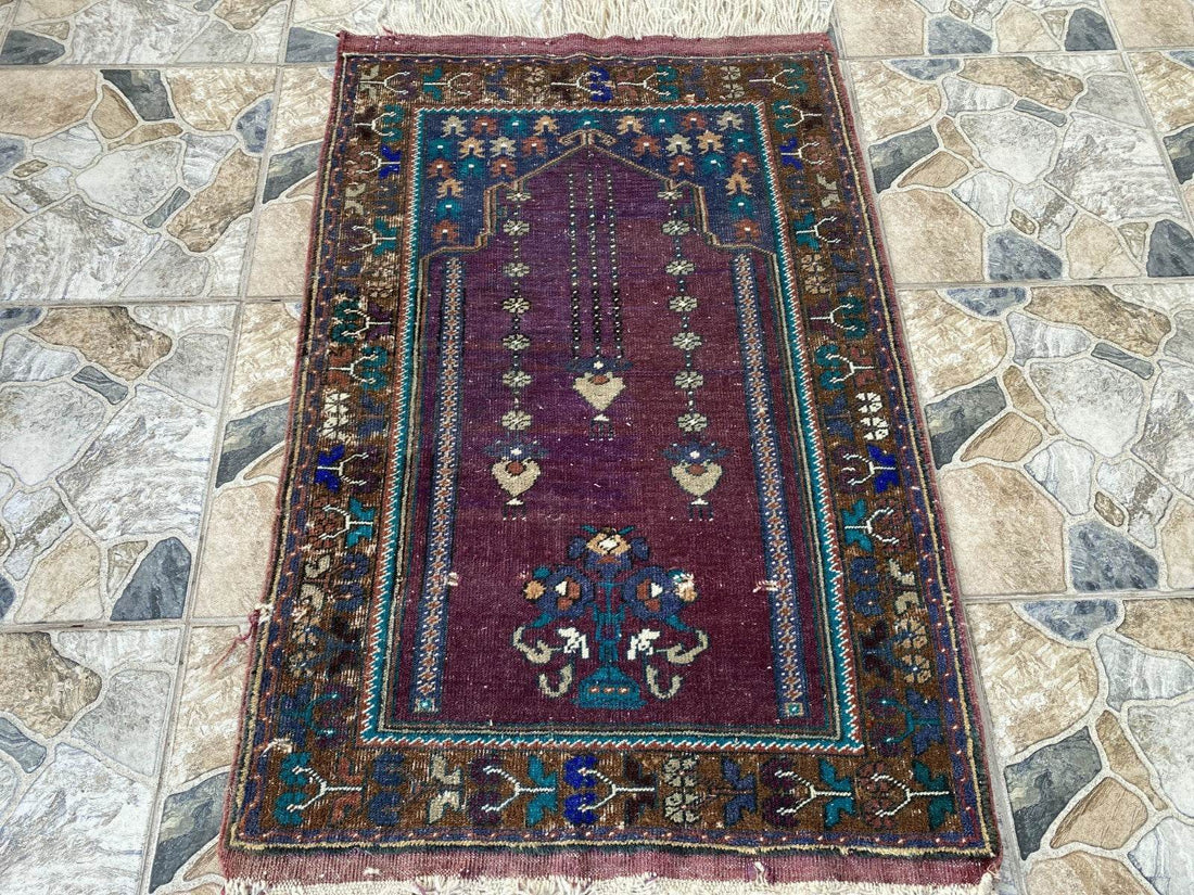 Vintage Turkish Handmade Wool Prayer Rug | Geometric Anatolian Oushak Carpet 2x4