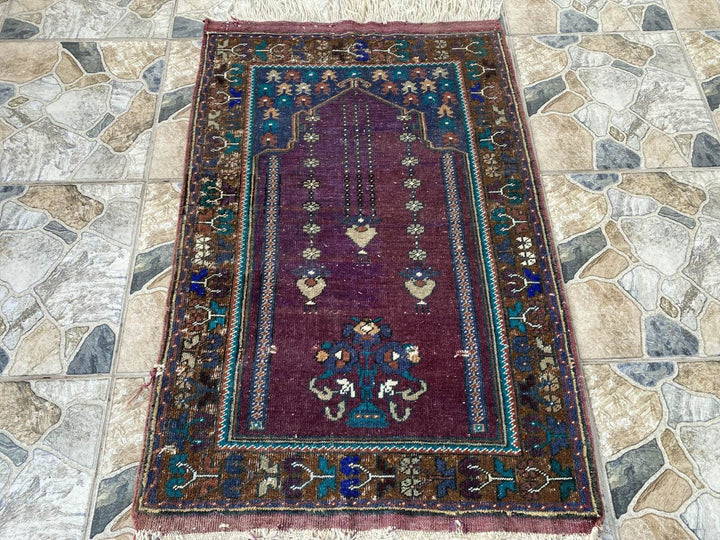 Vintage Turkish Handmade Wool Prayer Rug | Geometric Anatolian Oushak Carpet 2x4