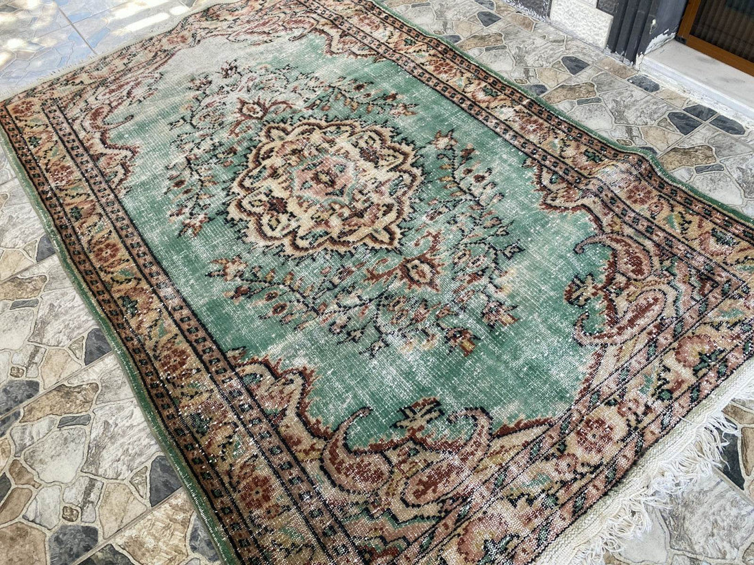 Vintage Hand-Knotted Wool Rug | 5.1 x 8.0 ft Anatolian Area Carpet Faded Rustic