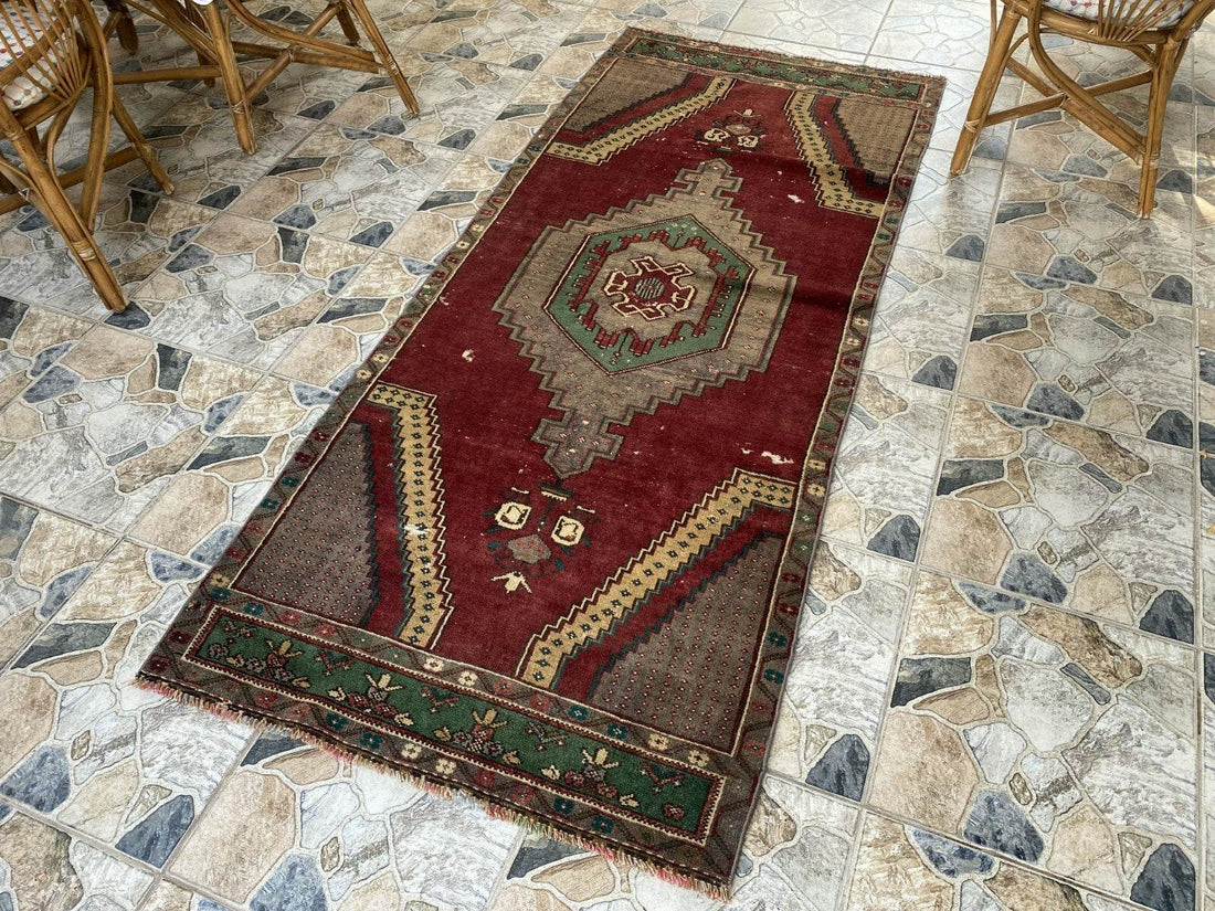 Vintage Turkish Rug | Burgundy Handmade Wool Geometric Antique Anatolian 3.2x7.7
