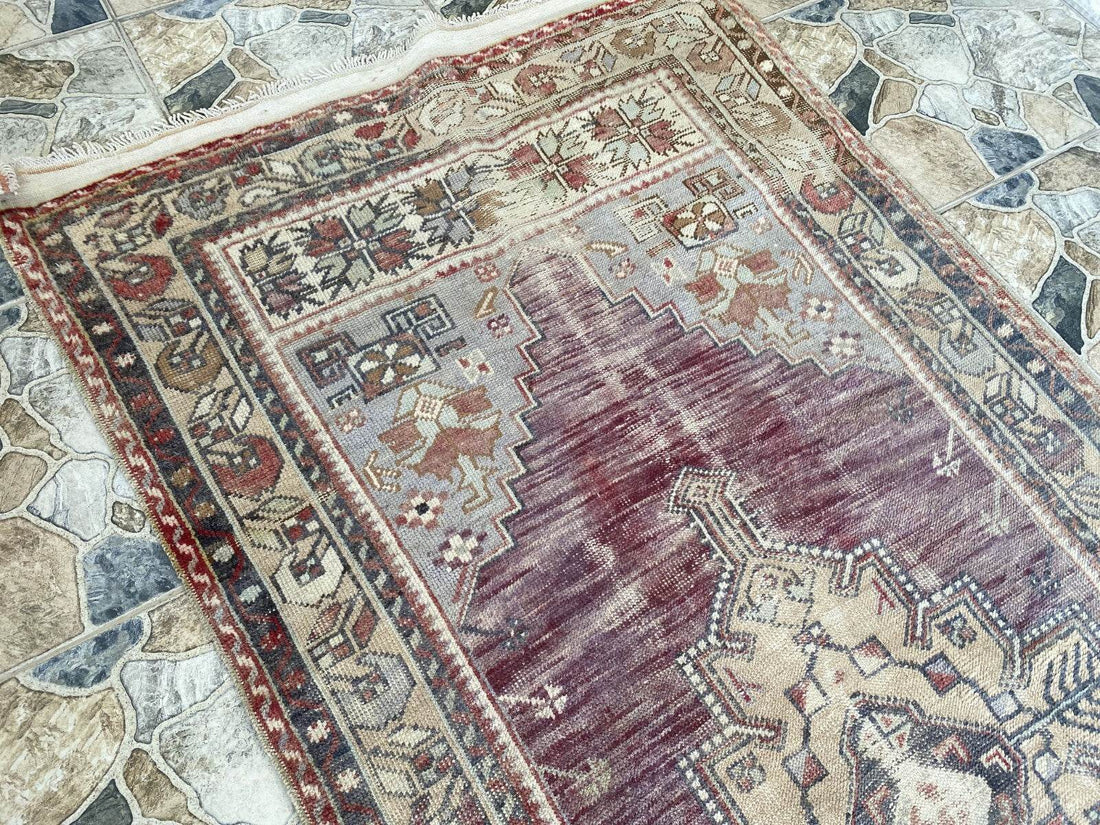 Turkish Vintage Rug Oushak Wool Geometric Handmade Antique Farmhouse 3.8x8 ft