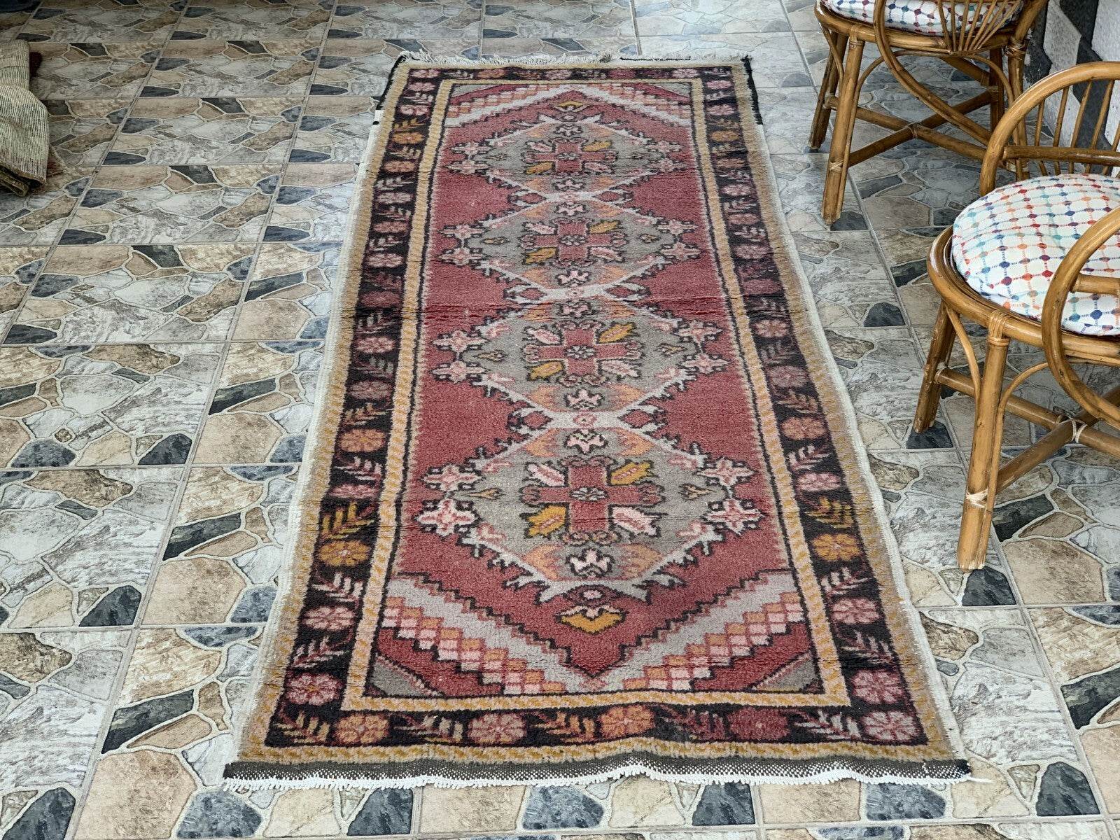 Vintage Turkish Rug | Tribal Handmade Wool Farmhouse Antique Carpet 3.2x 9.1 ft
