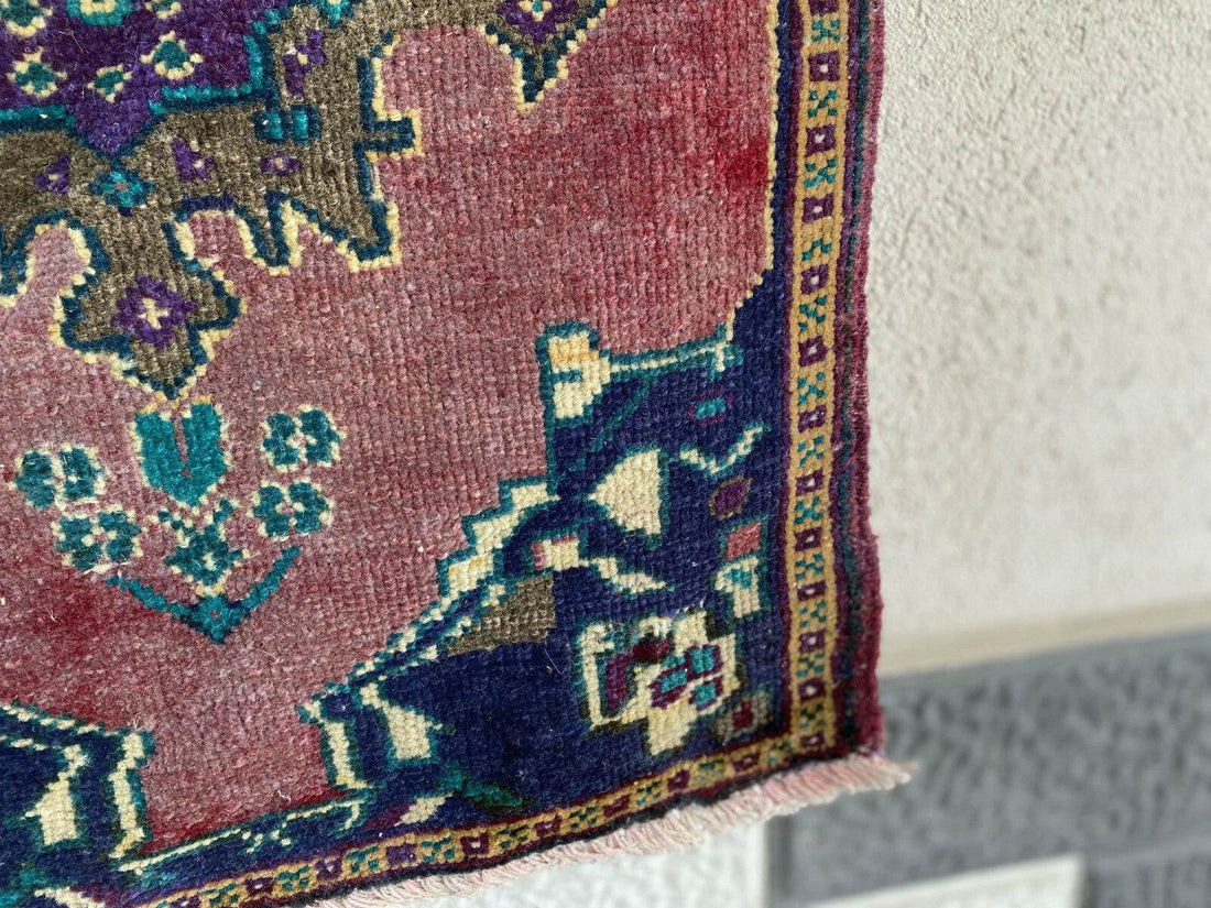 Vintage Turkish Oushak Rug, 1x3 ft Terracotta Handmade Wool Antique Tribal Small