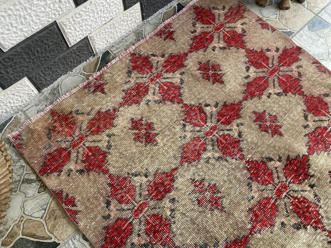 Vintage Turkish Area Rug 4x7 ft | Hand-Knotted Wool Carpet Bold Geometric Tribal