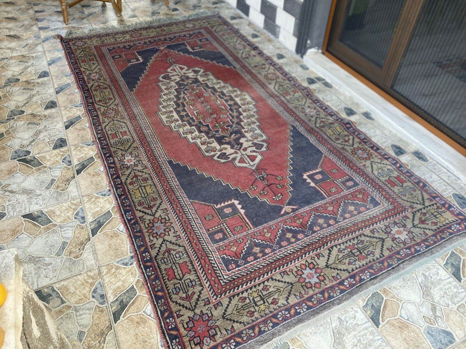 Vintage Turkish Oushak Rug, 5.0x9.7 ft Red Handmade Wool Antique Tribal Area Rug