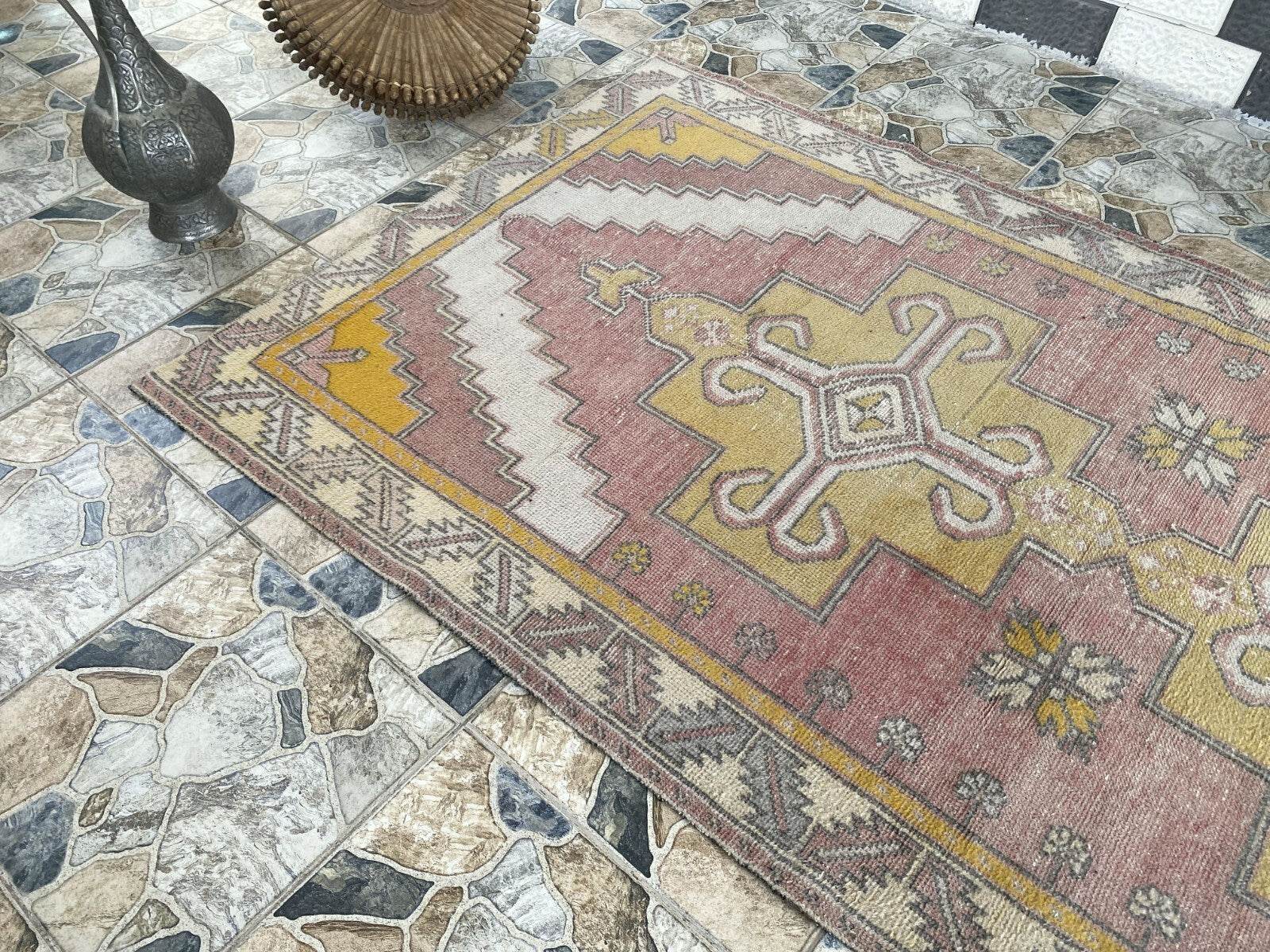 Vintage Turkish Oushak Rug, 4 x 8 ft Handmade Pink Wool Antique Tribal Area Rug