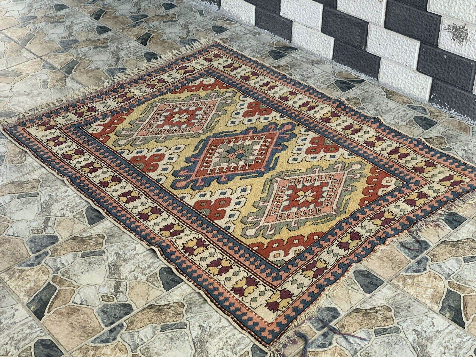 Vintage Handmade Turkish Wool Rug Anatolian Farmhouse Geometric Oushak 4.1x5.4ft