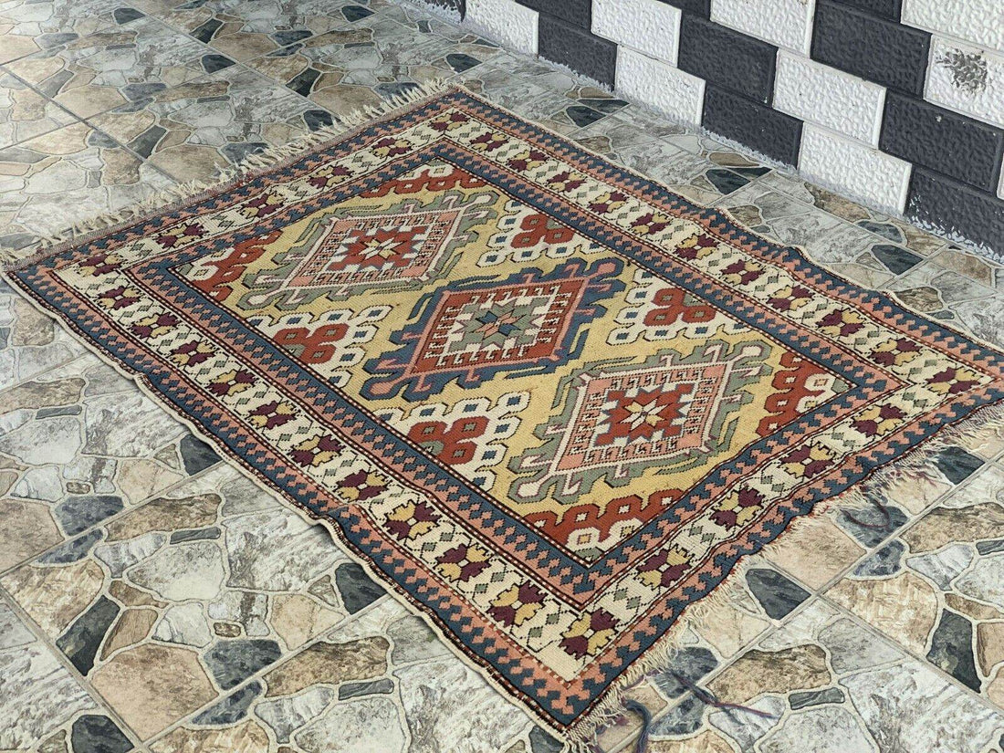 Vintage Handmade Turkish Wool Rug Anatolian Farmhouse Geometric Oushak 4.1x5.4ft