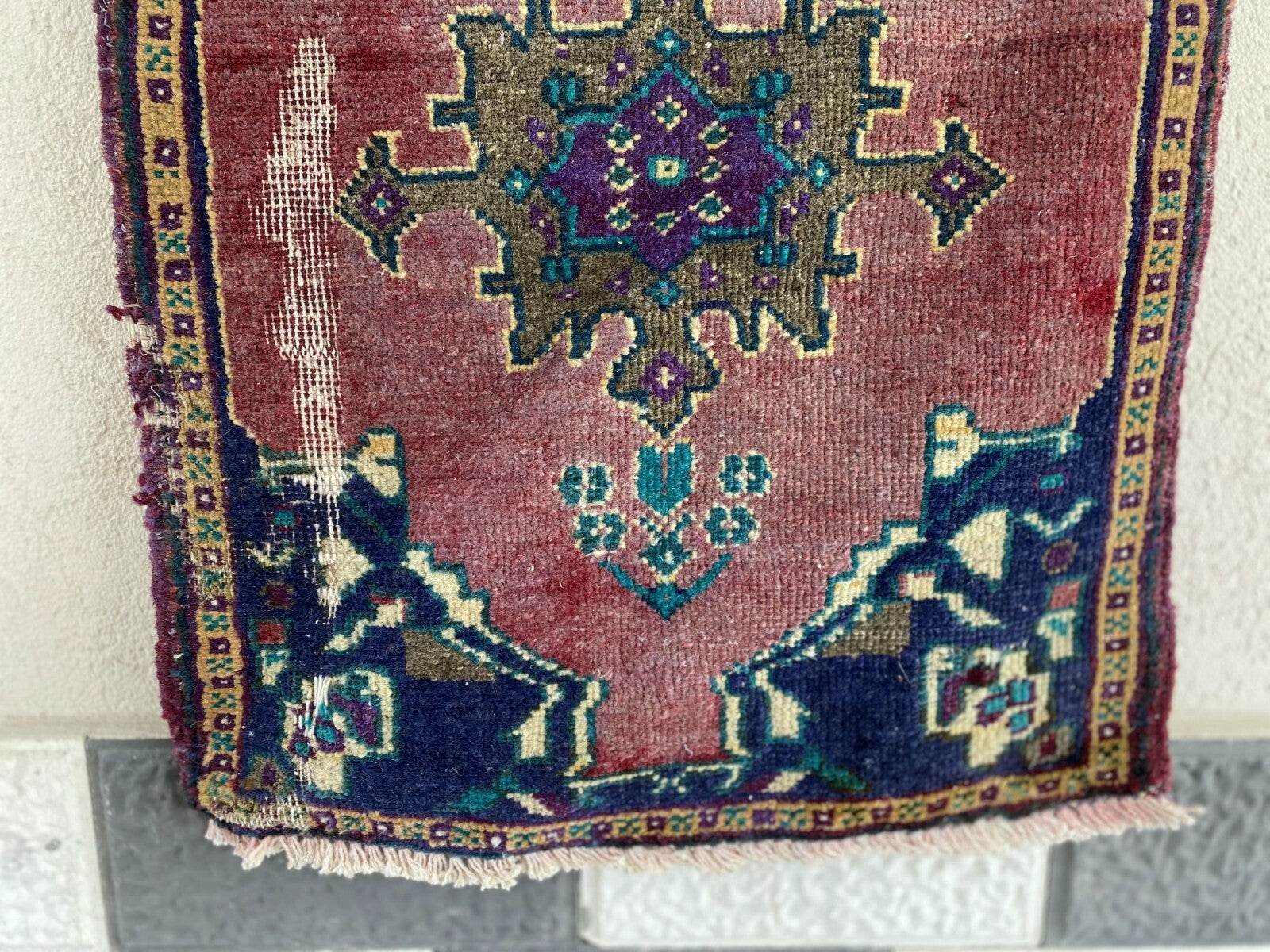 Vintage Turkish Oushak Rug, 1x3 ft Terracotta Handmade Wool Antique Tribal Small