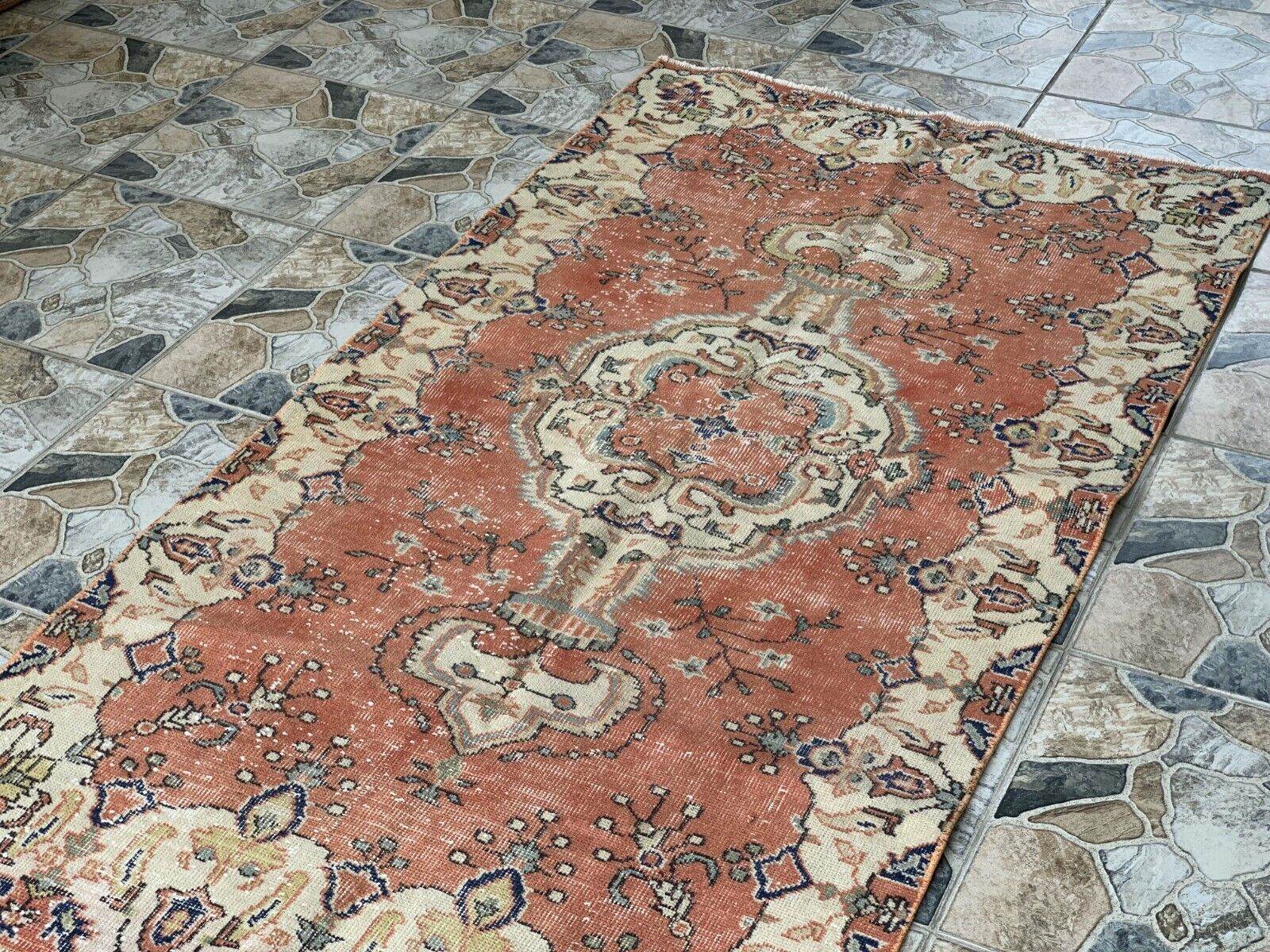 Vintage Rug, Turkish Oushak Wool Handmade Farmhouse Geometric Area Rug 3.6x6.8ft