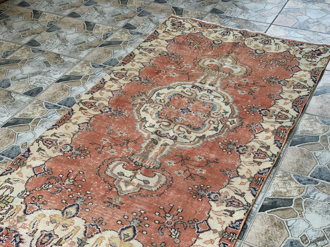 Vintage Rug, Turkish Oushak Wool Handmade Farmhouse Geometric Area Rug 3.6x6.8ft