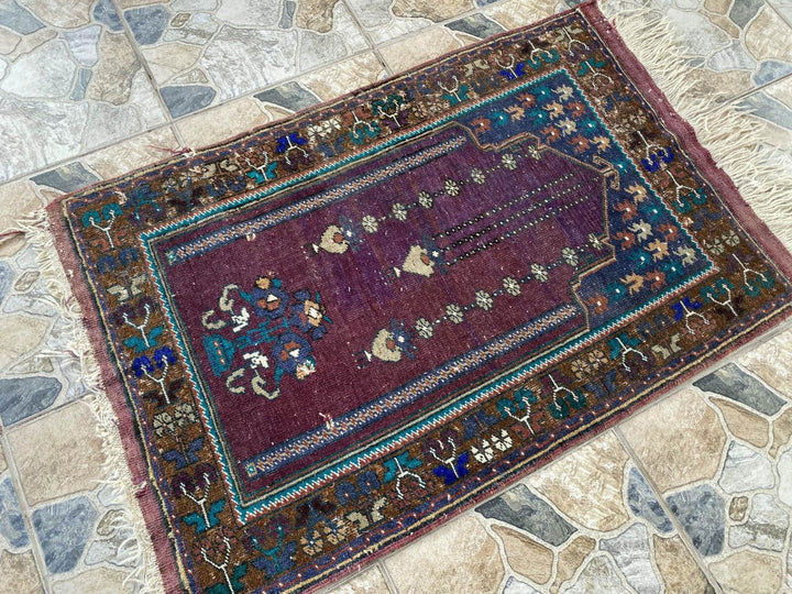 Vintage Turkish Handmade Wool Prayer Rug | Geometric Anatolian Oushak Carpet 2x4
