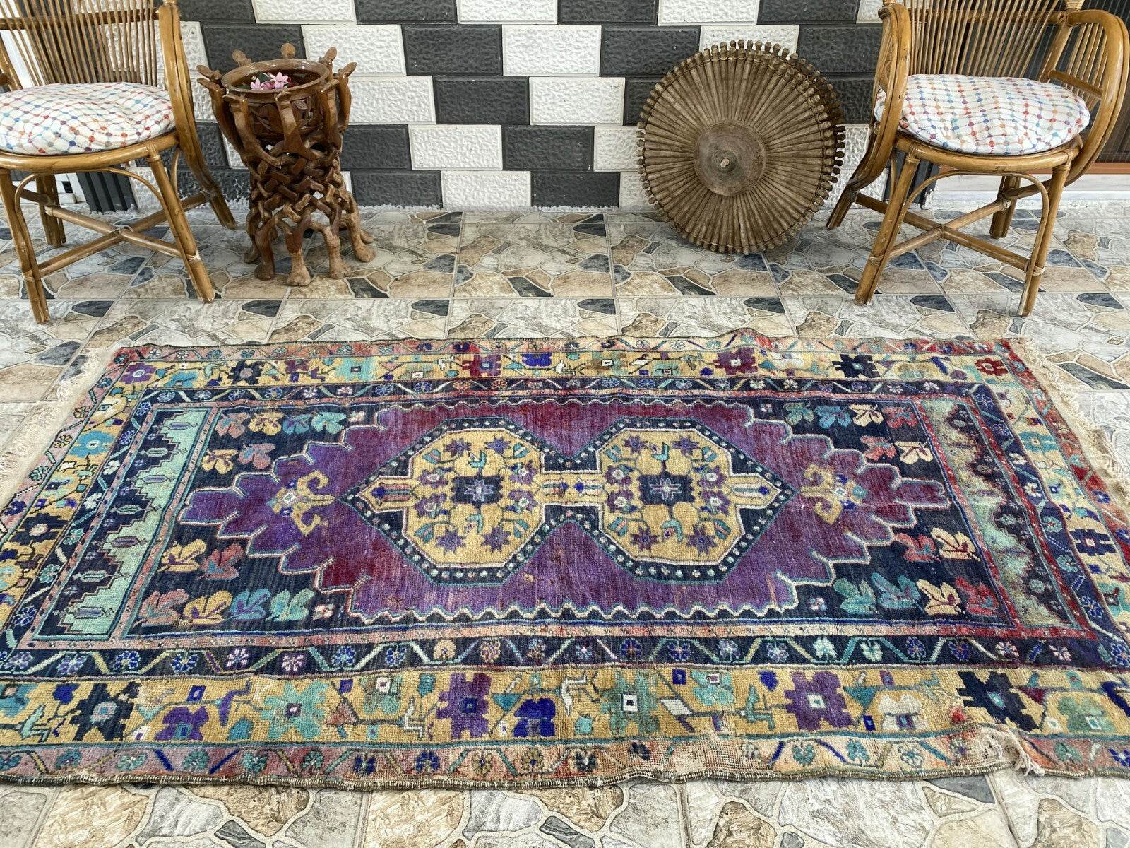 Vintage Turkish Anatolian Rug | 3.9 x 7.1 ft | Hand-Knotted Rug Wool Area Carpet