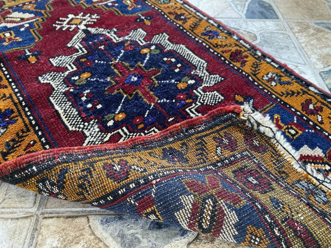 Small Anatolian Rug | 1.7 x 2.9 ft Vintage Hand-Knotted Wool Faded Geometric Rug