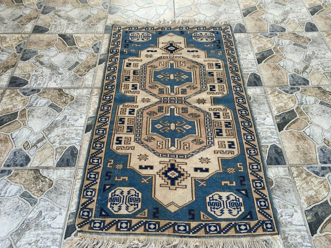 Vintage Turkish Wool Rug, Hand-Knotted Antique Geometric Oushak Small Runner 2x4