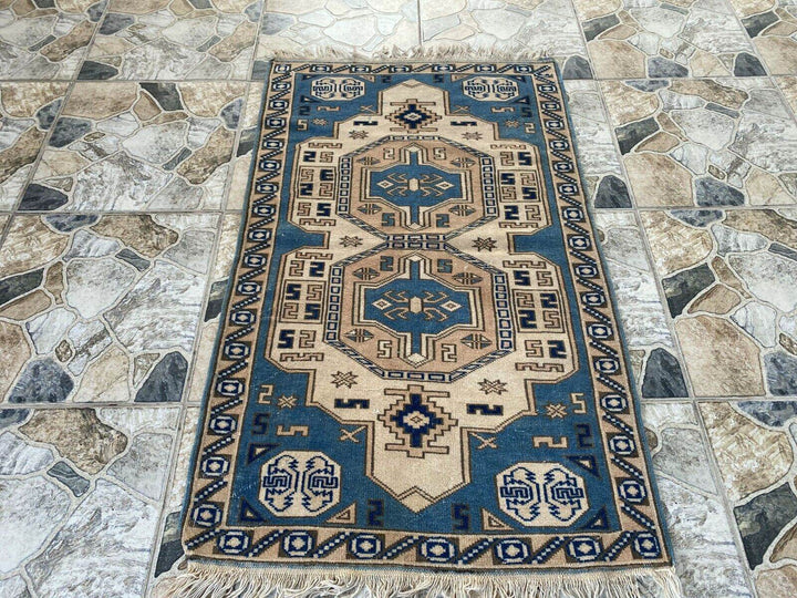 Vintage Turkish Wool Rug, Hand-Knotted Antique Geometric Oushak Small Runner 2x4