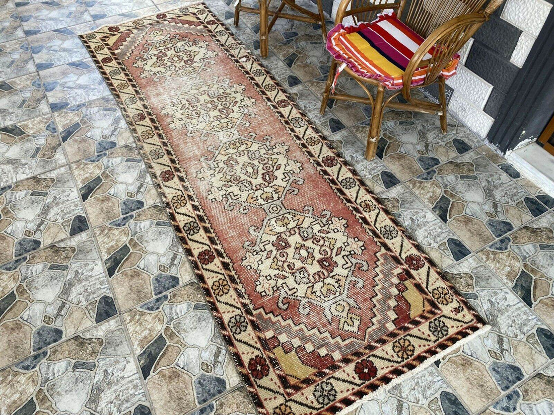 Vintage Turkish Wool Rug, Bohemian Geometric Farmhouse Handmade Runner Rug 3x9ft