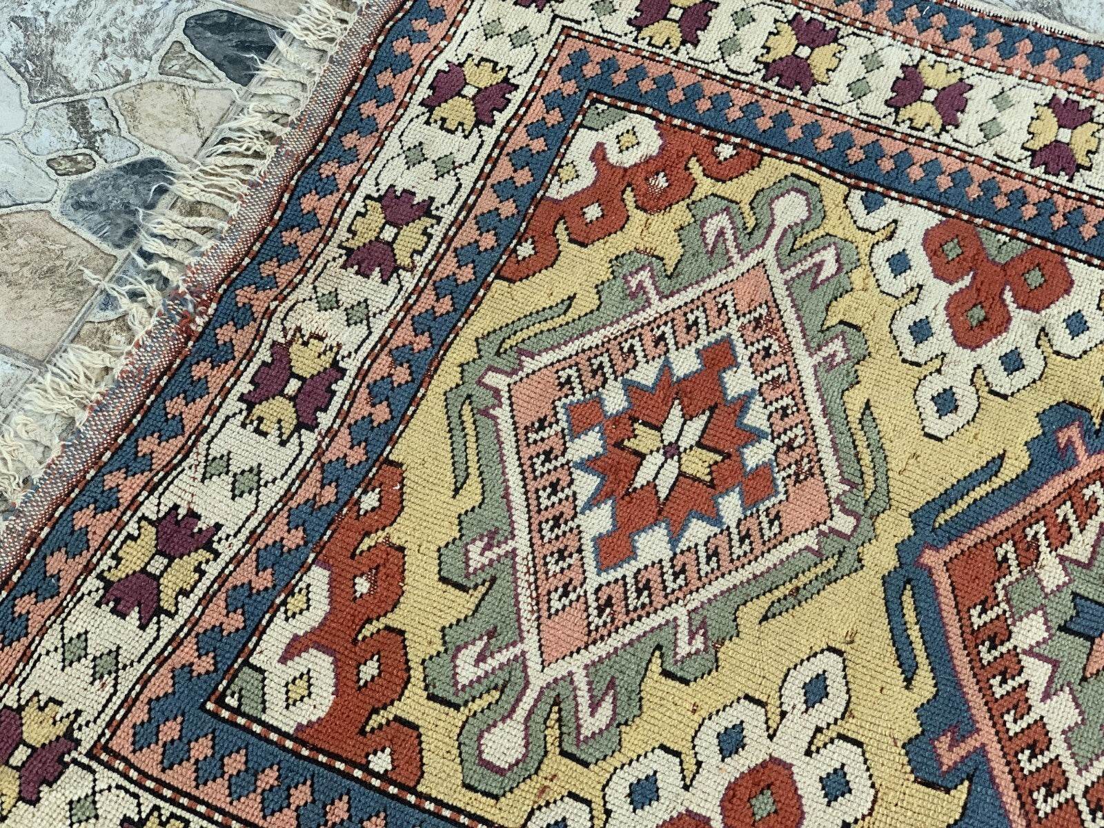 Vintage Handmade Turkish Wool Rug Anatolian Farmhouse Geometric Oushak 4.1x5.4ft