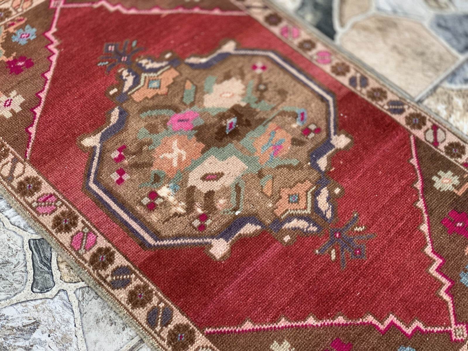 Vintage Turkish Oushak Rug, Geometric Farmhouse Antique Anatolian Rug 1.8x3.4ft