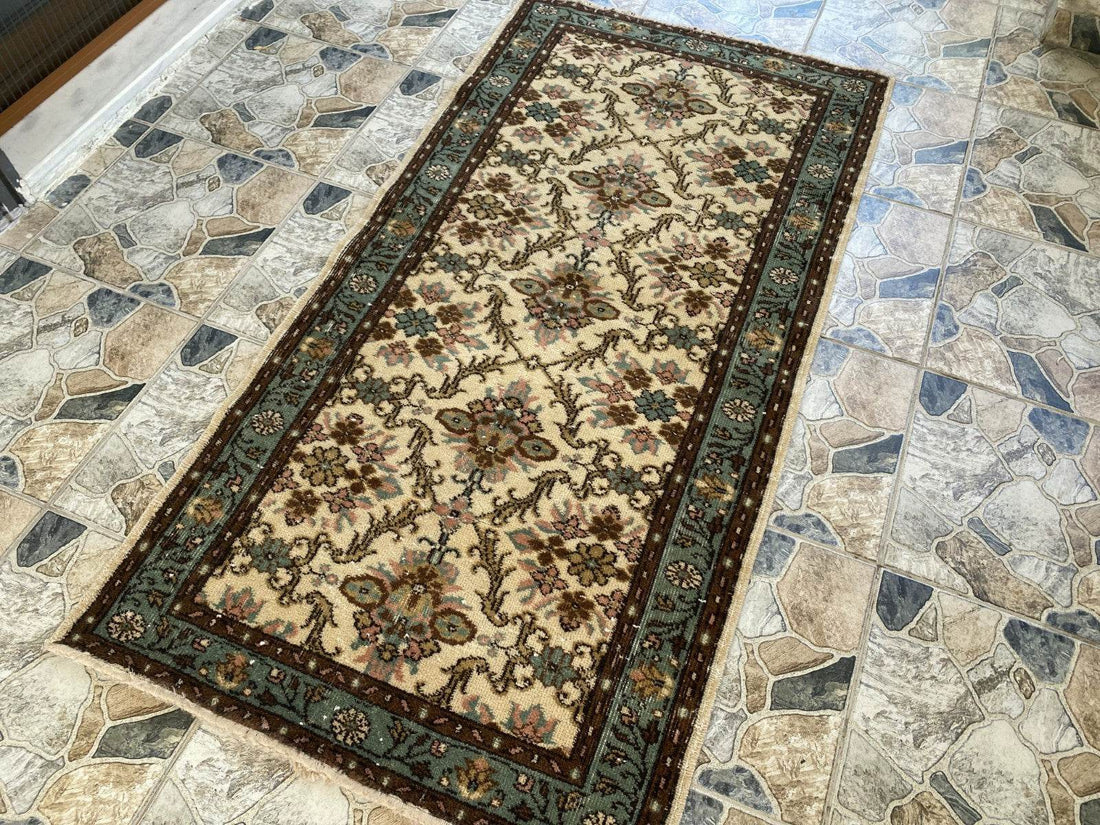 Vintage Anatolian Area Rug, 3.3x6.3 ft Hand-Knotted Wool Faded Rustic Geometric