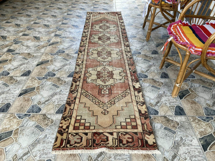 Vintage Rug | Wool Runner Antique Farmhouse Anatolian Handmade Turkish Rug 2x9ft