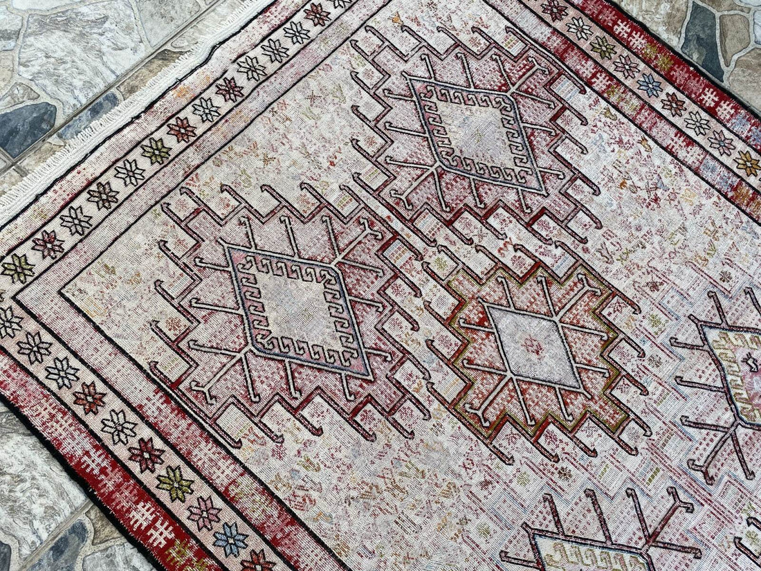 Vintage Persian Rug 3x6 ft, 1980s Wool Handmade Soumak Tribal Geometric Antique