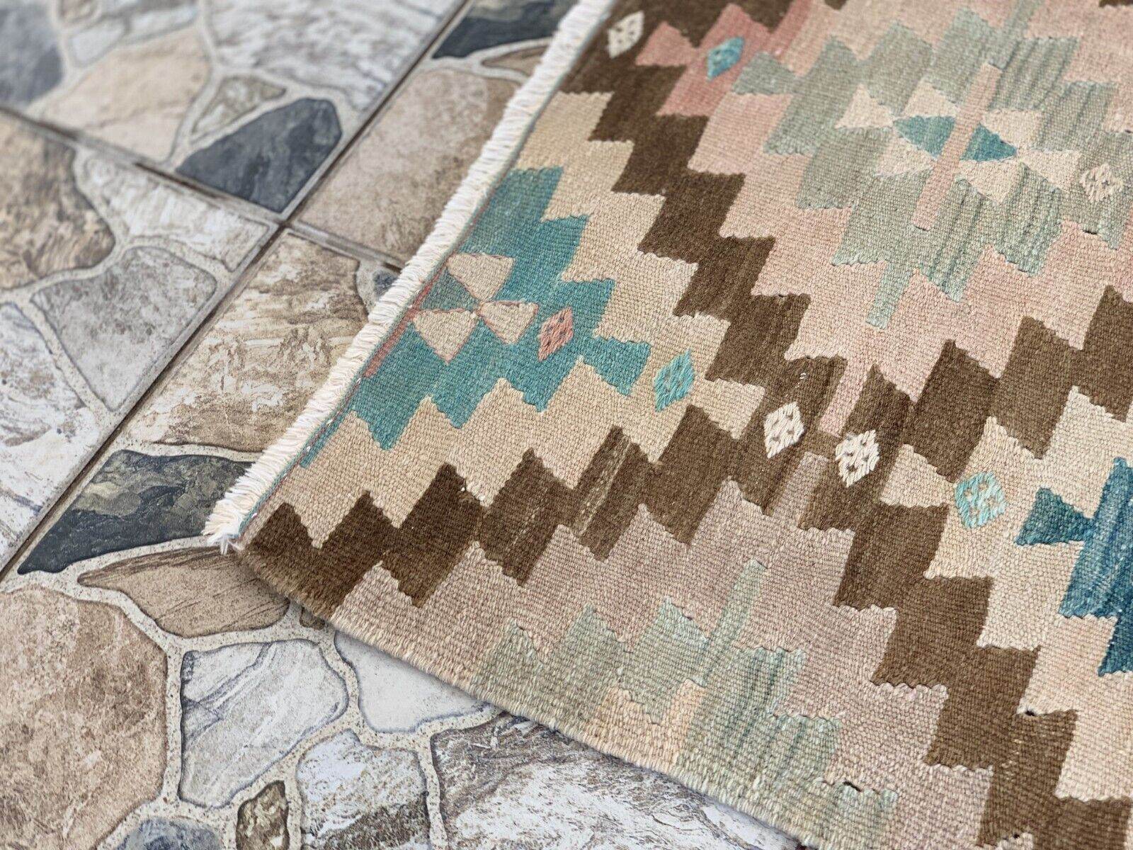 Anatolian Kilim Vintage Geometric Turkish Tribal Oushak Wool Area Rug 5.1x6.2 ft